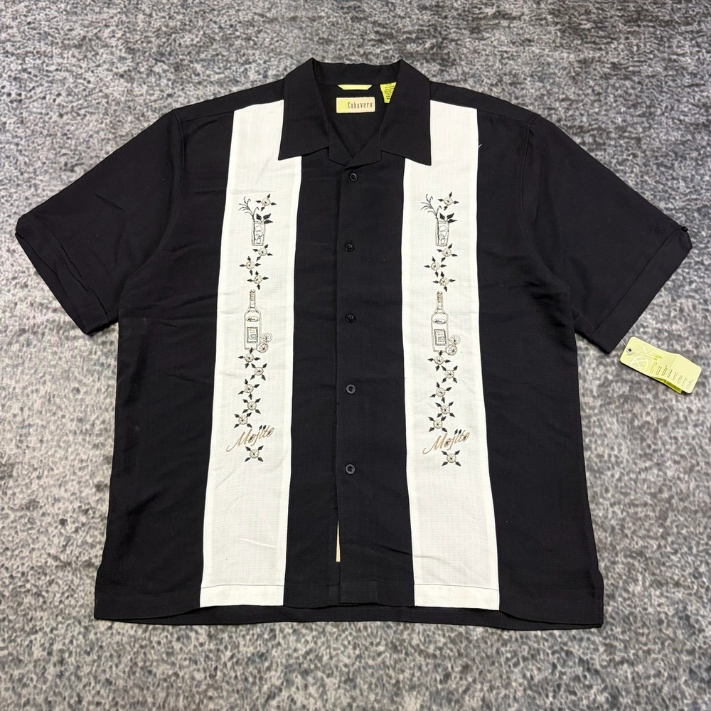 NWT Cubavera Shirt Camp Button Down Mens Large Black White Classic Embroidered